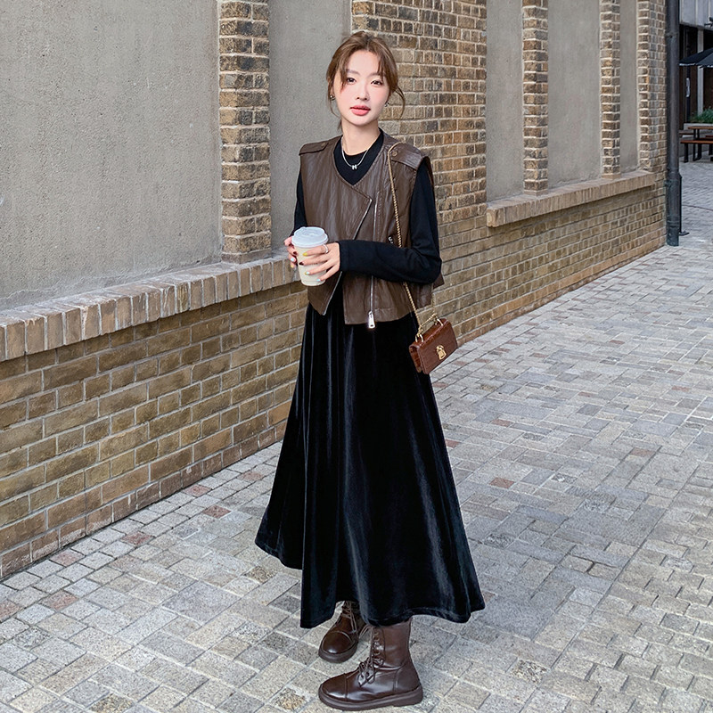 现货新款丝绒连衣裙皮马甲套装两件套239-8327-p155k228,女装连衣裙,浙宝239