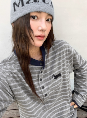 珍妮 复古亨利领条纹长袖女假两件秋季新款宽松显瘦小个子t恤上衣