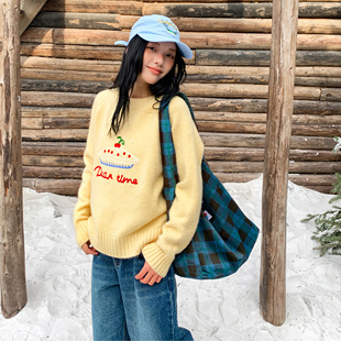 珍妮宇航局可爱蛋糕慵懒风圆领毛衣女秋冬新款宽松小个子针织上衣