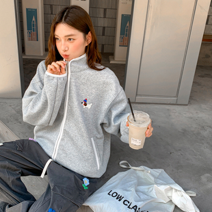 珍妮宇航局灰色开衫卫衣女秋冬宽松休闲立领外套小个子慵懒风上衣