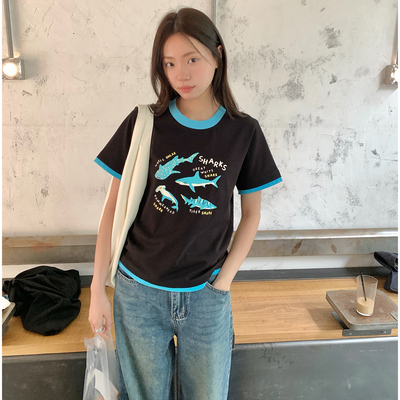 复古假两件童趣印花t恤短袖女夏