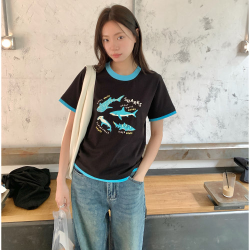 复古假两件童趣印花t恤短袖女夏
