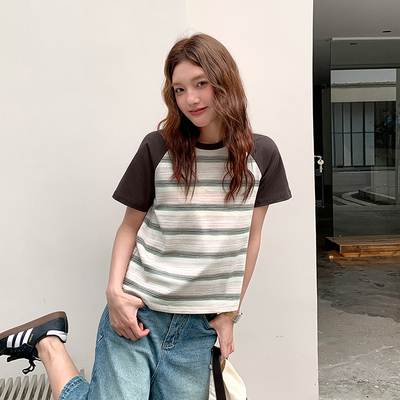 复古撞色条纹短袖t恤女