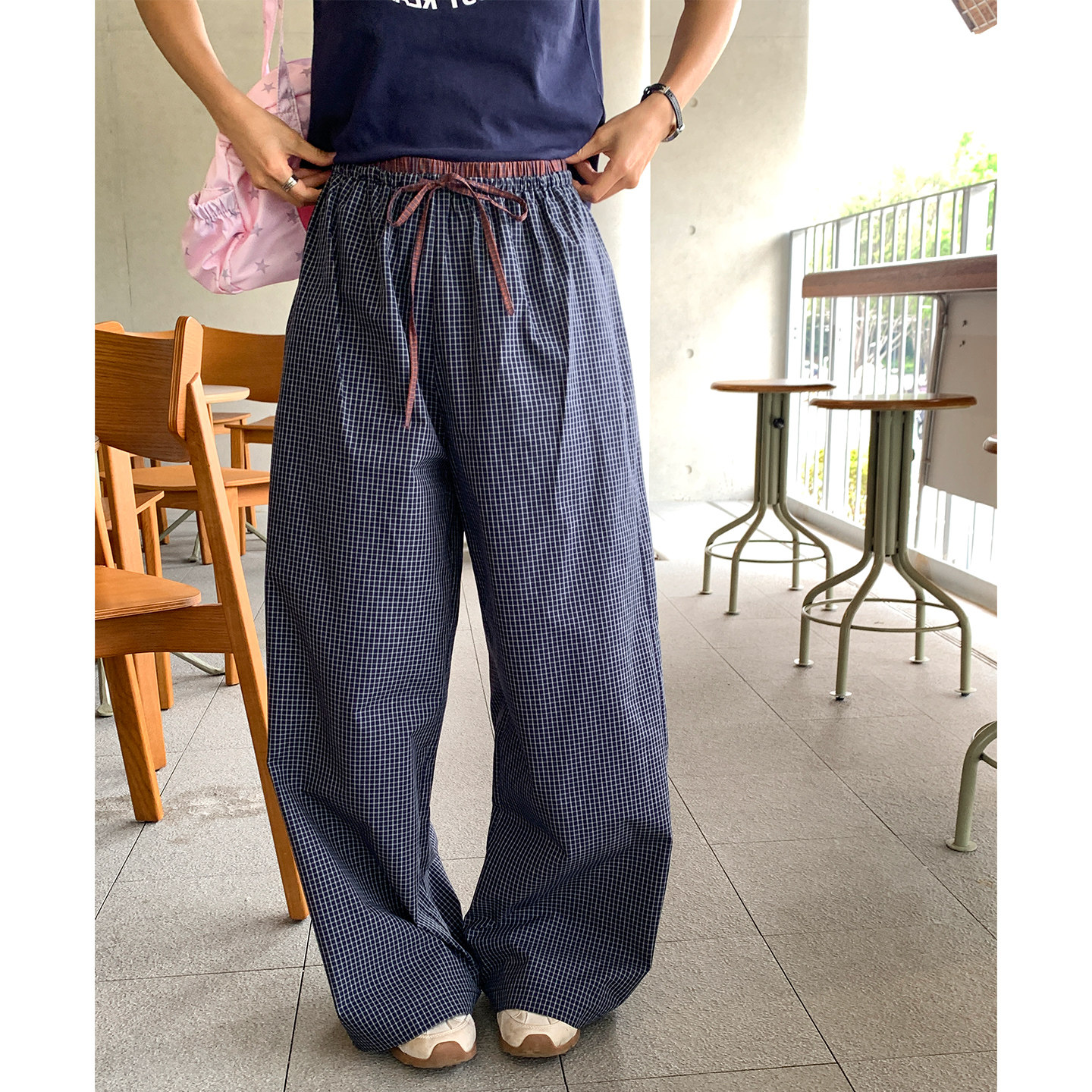 珍妮宇航局 复古双腰头格纹休闲裤女2026夏新款直筒宽松显瘦长裤 - 实物图
