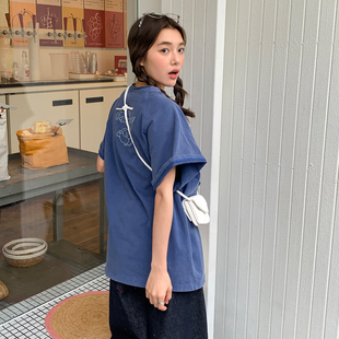 t恤女原创绣花宽松插肩袖 复古磨破做旧洗水褪色短袖 珍妮宇航局