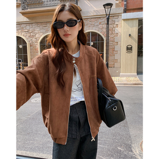 珍妮宇航局 格子拼接麂皮绒外套女宽松小个子棒球服休闲夹克上衣