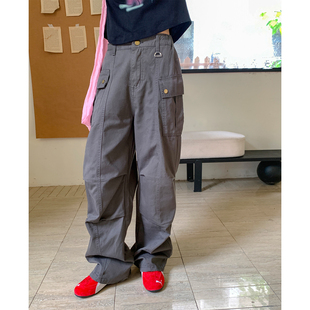 珍妮宇航局 灰色女显瘦复古工装休闲裤宽松百搭轻微拖地口袋长裤