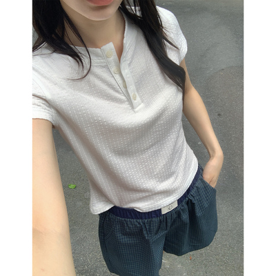 复古凹凸提花亨利领短袖t恤女夏
