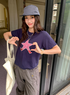 珍妮宇航局 复古星星刺绣短袖T恤女夏季2025新款百搭正肩宽松上衣