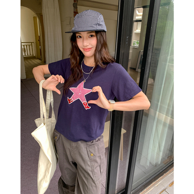 原创绣花星星纯棉正肩t短袖