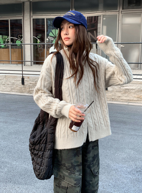 珍妮宇航局 复古麻花连帽针织开衫外套女秋冬慵懒风显瘦毛衣上衣