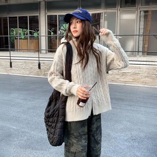 断码清仓！！复古麻花连帽针织开衫外套女秋冬慵懒风显瘦毛衣上衣