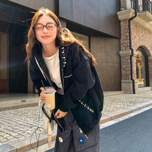 珍妮宇航局 重磅复古珍珠钉珠开衫卫衣连帽外套女休闲小个子秋季