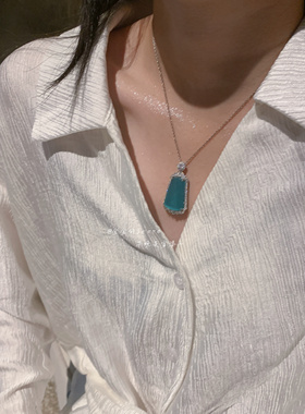 新中式~蓝水无事牌仿翡翠项链女