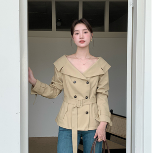 韩版秋季2025新款海军领短款风衣外套女上衣收腰春秋韩系英伦风