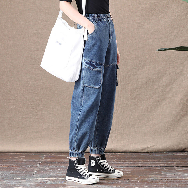 工装牛仔裤女松紧腰高腰休闲大口袋爹裤秋冬时尚复古设计感裤子