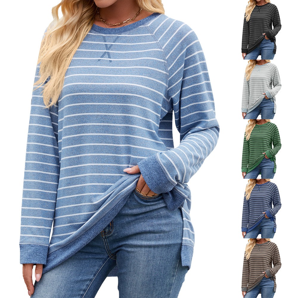 条纹撞色圆领长袖宽松休闲T恤女