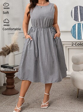 Sleeveless striped summer plus size women dress XL-4XL大码裙