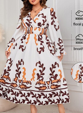 V-Neck Long Sleeve Plus Size Autumn Floral Print Dresses