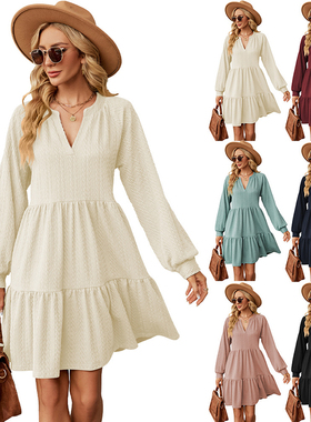 Solid Color V-Neck Loose Pleated Long Sleeve Female Dresses
