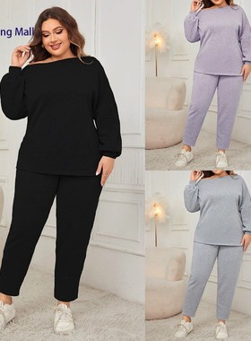 Two-Piece Set Women Plus Size Casual Long Sleeve Top + Pants