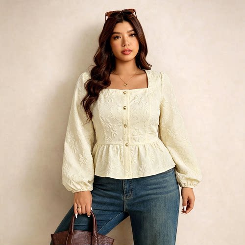 Women Plus Size Square Neck Blouse 大码法式方领衬衫女上衣