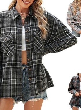 A/W new lapel pocket loose long sleeve plaid shirt for women