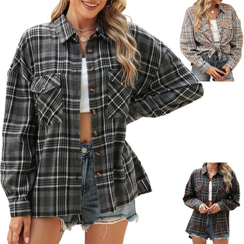 A/W new lapel pocket loose long sleeve plaid shirt for women