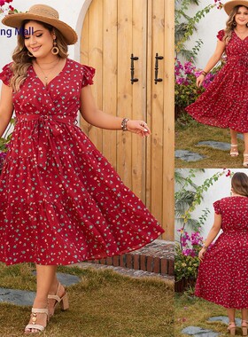 2024Summer New Red Floral Plus Size Sleeveless Elegant Dress