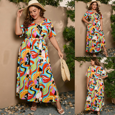 200斤穿大码连衣裙短袖雪纺长裙