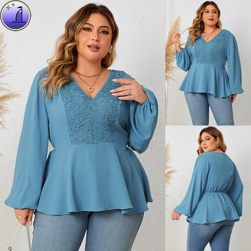 루즈핏 플러스 사이즈 여성용 긴 소매 V 넥 레이스 셔츠