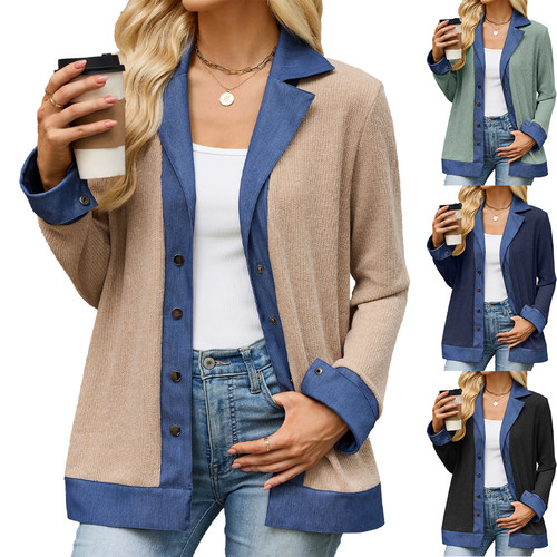 Women Denim Color Contrast Lapel Button Jacket Casual Coat