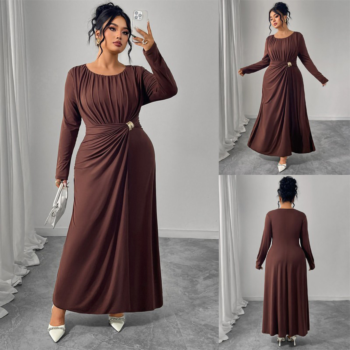 Autumn Plus Size Women Long Dress 欧美大码长袖收腰咖色连衣裙图片