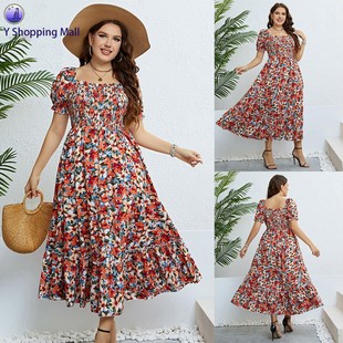 Plus Size Summer Dress Women Floral Print Off-Shoulder Dress