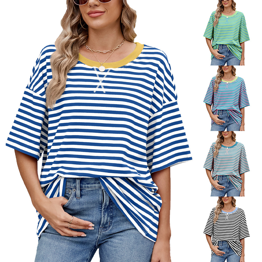 Striped Color Block Loose Short Sleeve T-shirt Top for Women
