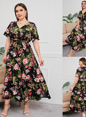 plus size women floral print dresses 200斤女人大码显瘦连衣裙
