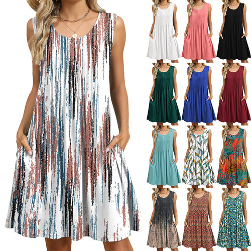 2025 Summer Printed Sleeveless Loose Pocket Dress for Women
