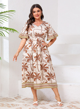 Plus Size V-Neck Flowy Dress Elastic Waist Flared Sleeves