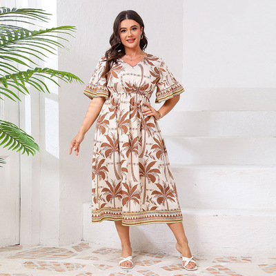 Plus Size V-Neck Flowy Dress Elastic Waist Flared Sleeves