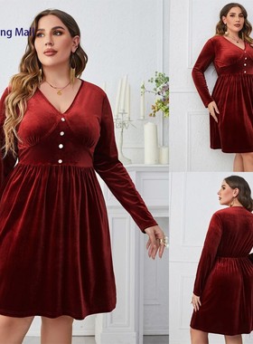Plus Size Women Deep Red V-Neck High Waist Long Sleeve Dress