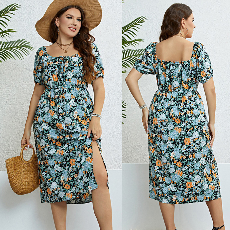 2023夏季大码一字肩开衩收腰时尚连衣裙 plus size summer dress