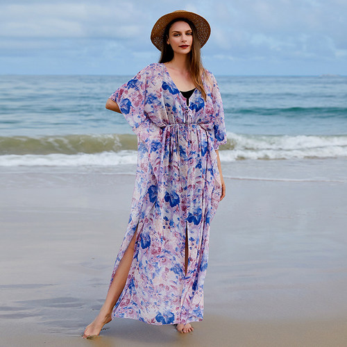 Women 2025 Summer Chiffon Cover Up Floral Print Beach Kimono
