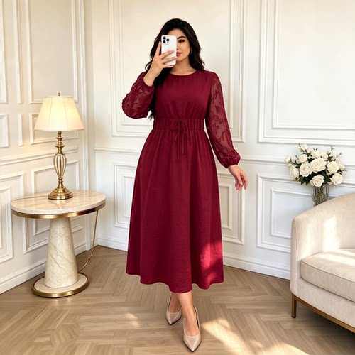 Plus Size Women Elegant Lace A Line Midi Dress Autumn Wear