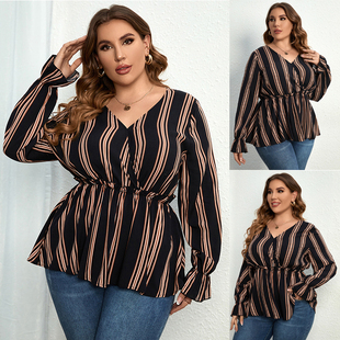 Cinched Striped Plus Women Waist Sleeved Shirt Size Long