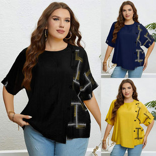 Women Plus Neck Summer Size Top Casual for Round Blouse