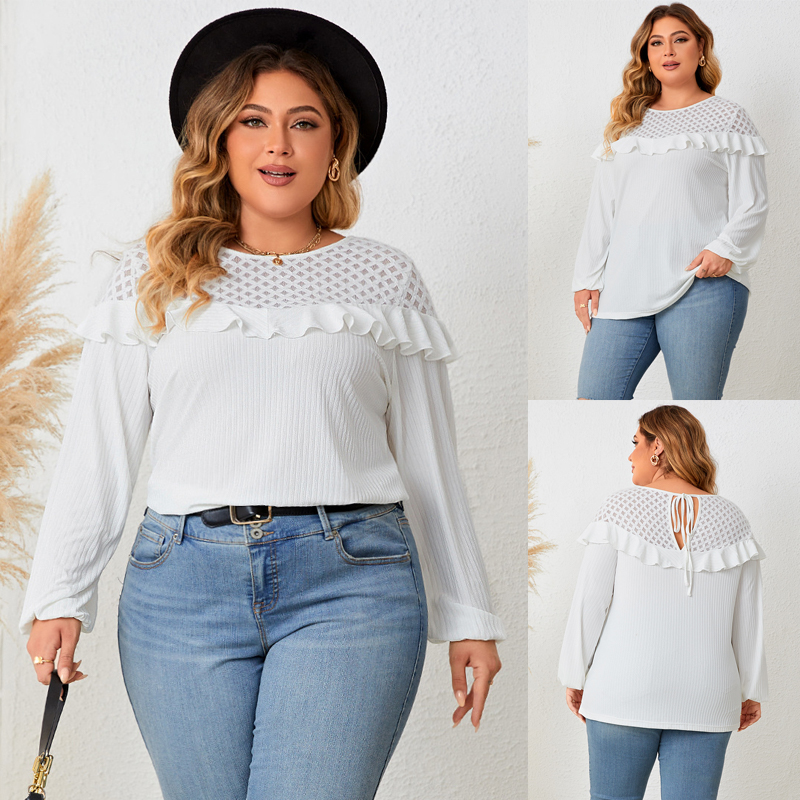 Plus Size Lady Lace Round Neck Knit Sweater Femal Casual Top 女装/女士精品 大码内搭 原图主图