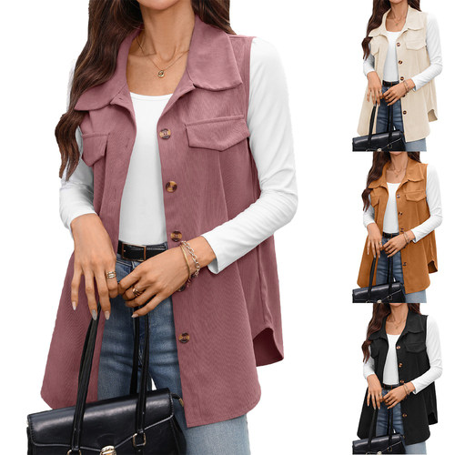 Women Corduroy Button Vest Sleeveless Waistcoat Outer Coat