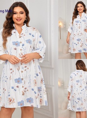 Plus size women dress 2025春季新款胖MM宽松大码白色印花连衣裙