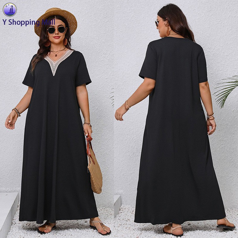 Summer Curvy Women Long Dress 夏季大码气质黑色V领显瘦长裙