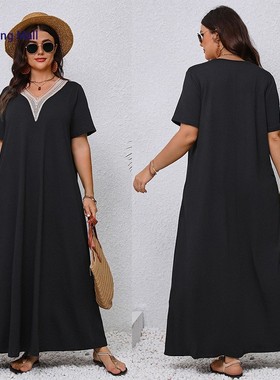 Summer Curvy Women Long Dress 夏季大码气质黑色V领显瘦长裙